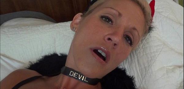  My wife tries her new demon costum and feels horny